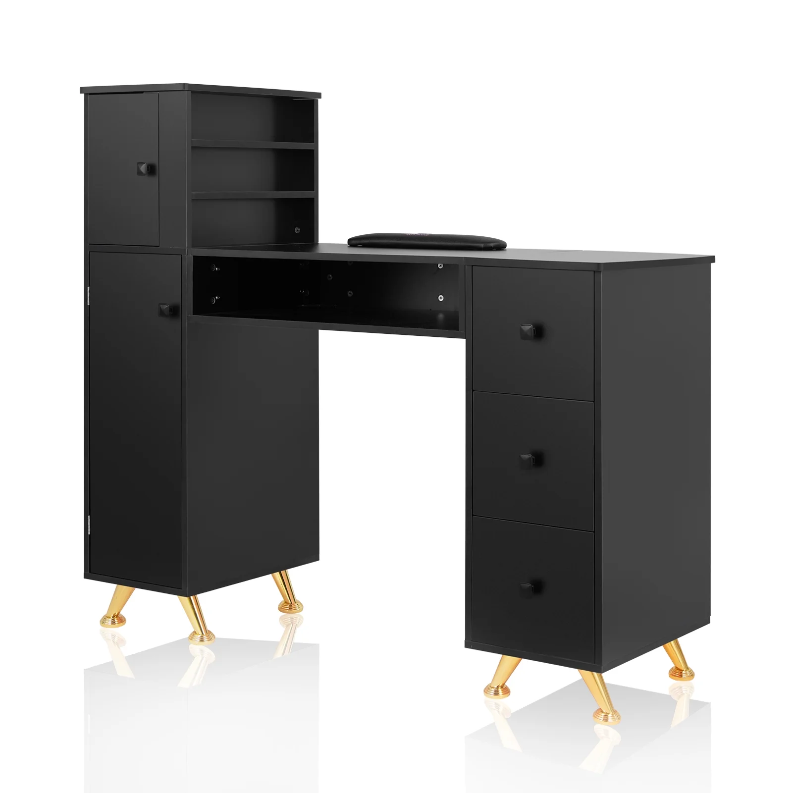 LUXMARS Manicure Table Nail Desk for Technician w/Wrist Rest & Plastic Table Mat, Acetone Resistant Nail Table Station w/Large Capacity Storage Space, for Home Spa Beauty Salon - Black