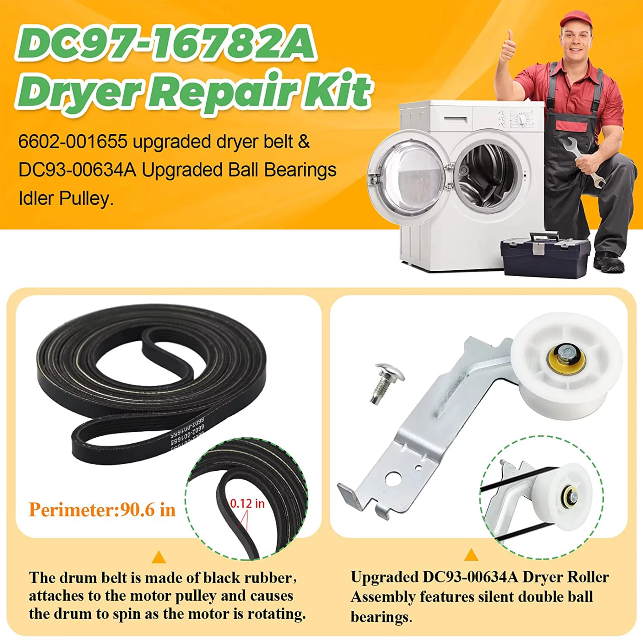 Beaquicy DC97-16782A Dryer Repair Kit Drum Roller Belt 6602-00165 DC93-00634A Idler Pulley