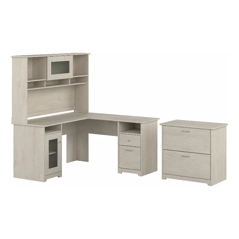 Pemberly Row Engineered Wood L Desk w/ Hutch & File Cabinet in Linen White Oak