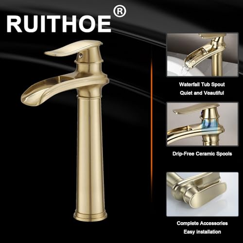 Bathroom Vessel Sink Faucet, Waterfall Oil Rubbed Bronze Bathroom Faucet, Vessel Faucet, Tall Body 1 Hole Single Handle with Pop Up Drain Combo Vanity Mixer Tap Basin Bowl Sink