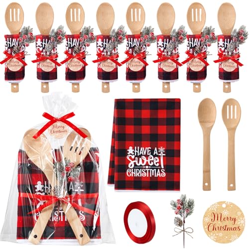 Pinkunn 8 Set Christmas Kitchen Gifts Bulk Xmas Dish Towels and Wooden Spoons Pine Picks Thank You Tag Ribbon Holiday Cooking Utensils Housewarming Gifts for Neighbor Employee Kitchen Xmas(Festive)
