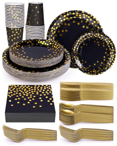 350 Pieces Party Supplies, Black and Gold Party Plates Cups and Napkins Sets with Plastic Knives forks spoons, Disposable Tableware Serves 50 Sets for Wedding, Birthday, Graduation, Festivals