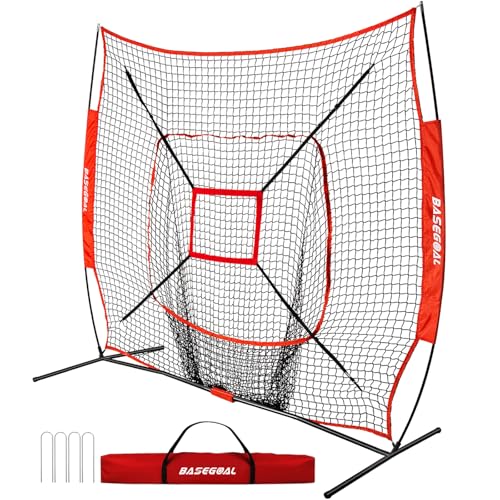 7'×7' Baseball Softball Practice Net,Baseball Backstop,for Hitting Pitching Batting Catching with Bow Frame,Bonus Strike Zone