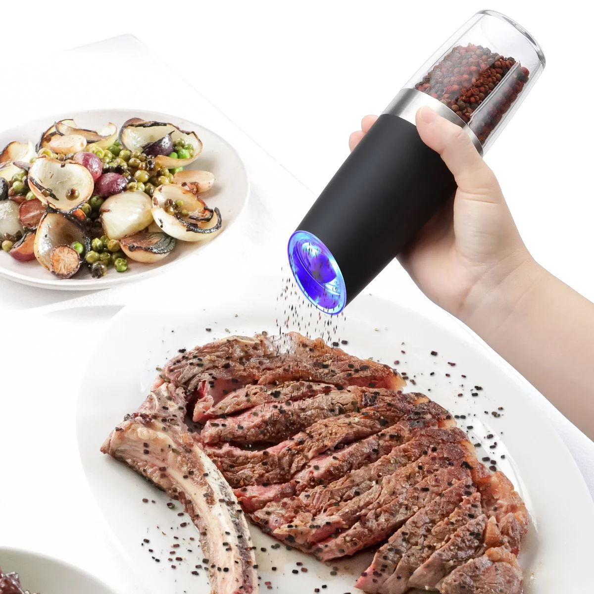 Deago 2 Pack Electric Gravity Salt and Pepper Grinder Set with Adjustable Coarseness Automatic Pepper and Salt Mill Grinder Battery Powered with LED Light