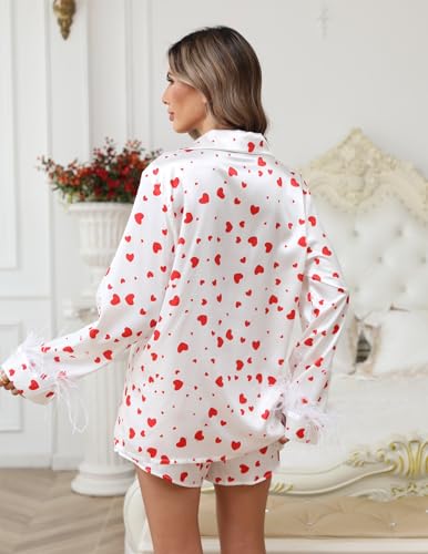 Ekouaer Women's Bridal Feather Trim Silk Satin Pajama Set Long Sleeve Lounge Sets Sleepwear (Removable Feather)