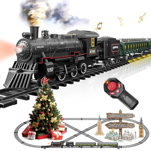 Electric Train Sets for Boys Girls Metal Alloy Christmas Trains Toys Steam Locomotive, Passenger Carriages, Tracks, Light & Sounds Rechargeable Birthday Gifts for Kids 3 4 5 6 7 8 + Years Old Red …