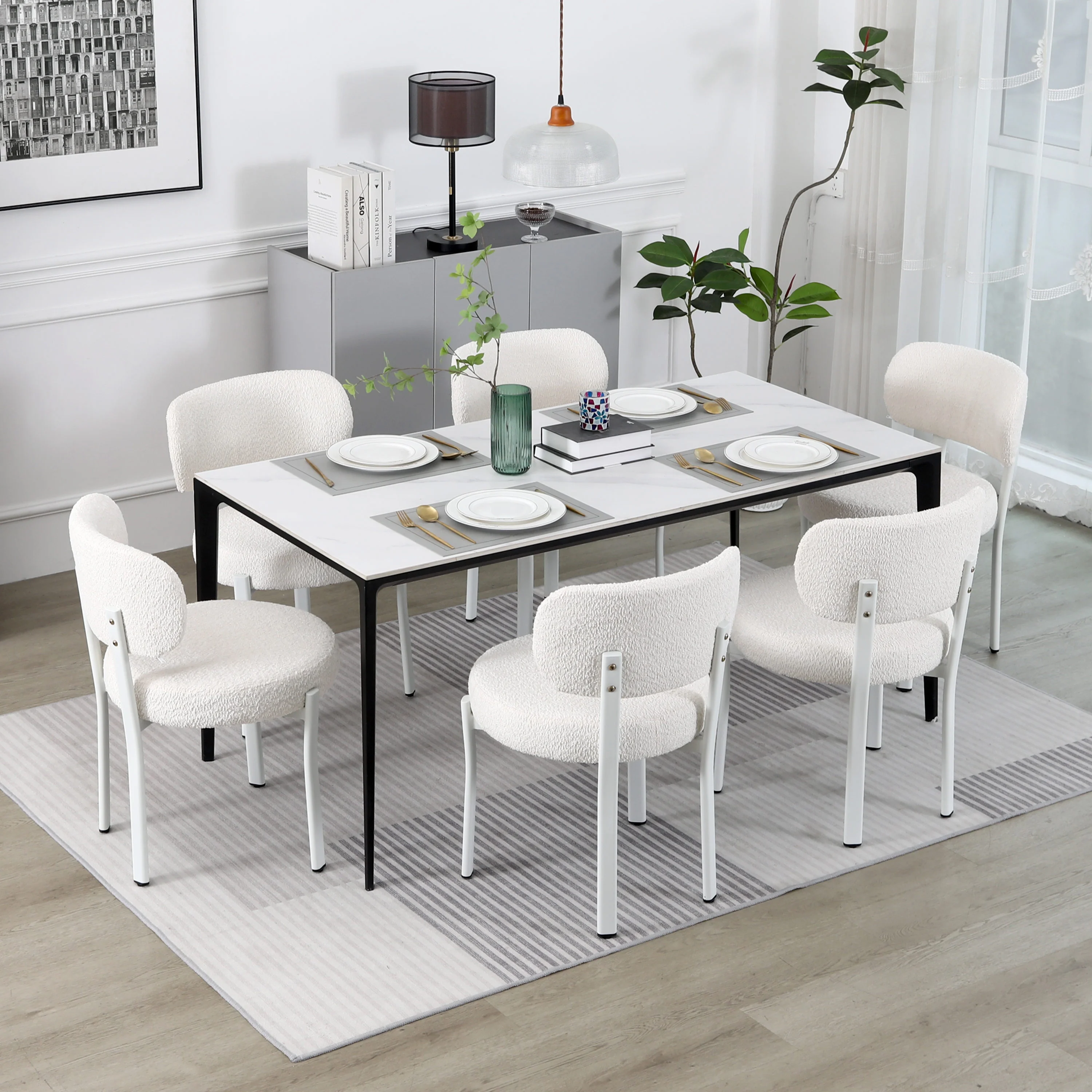 XINMICS White Dining Chairs Set of 6, Modern Upholstered Boucle Dining Chairs for Kitchen Dining Room