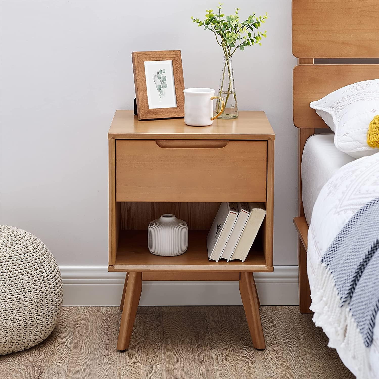 Modern Solid Wood Nightstand/Bedside Wood Table For Bedroom,End Table For Living Room With 1 Storage Drawer And Open Shelf,