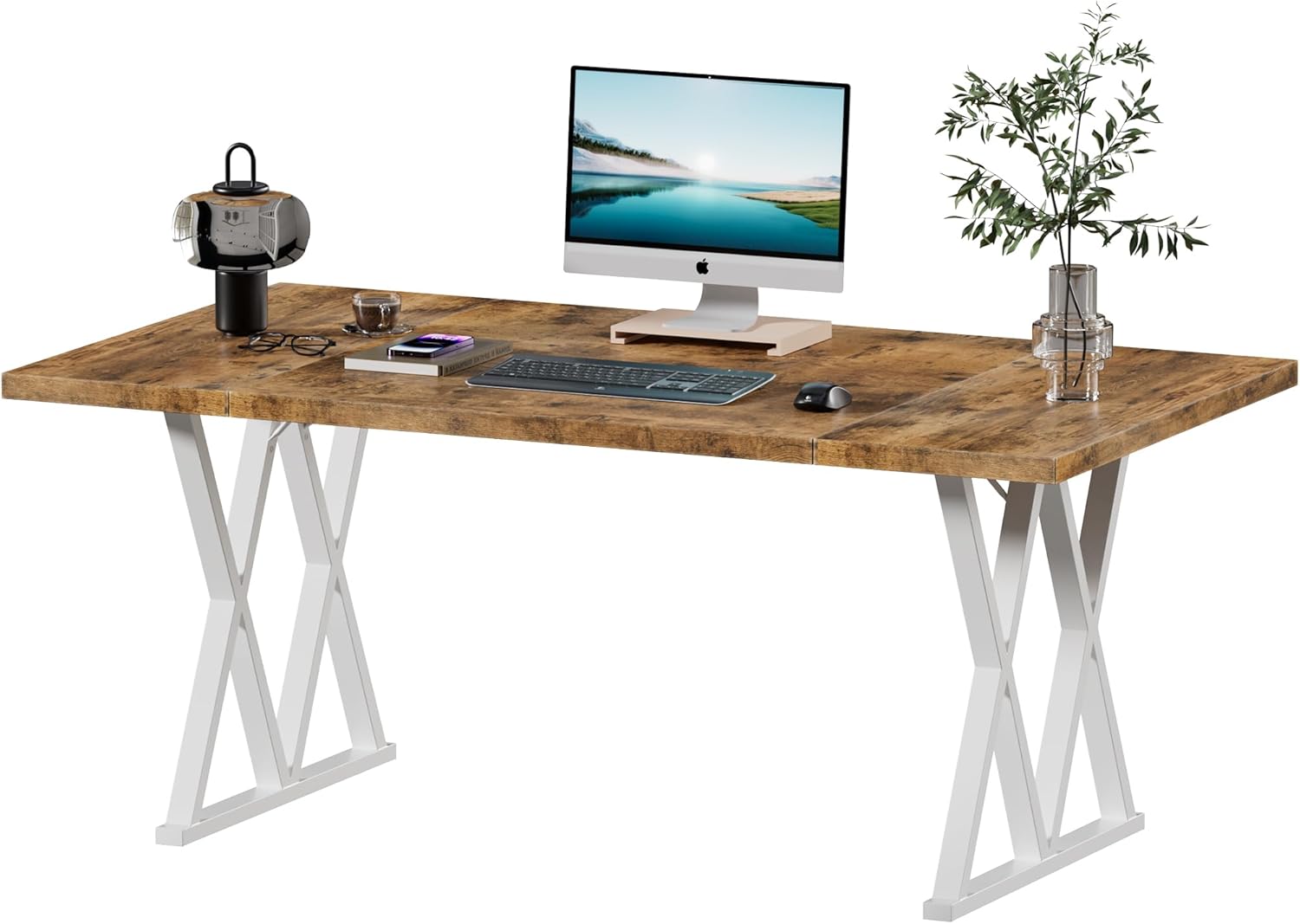 70.8 Inches Home Office Computer Desk, Large Executive Desk with X Shaped Metal Legs & Adjustable Feet, Modern Simple Style Workstation Laptop Desk Study Writing Table, Office Furniture