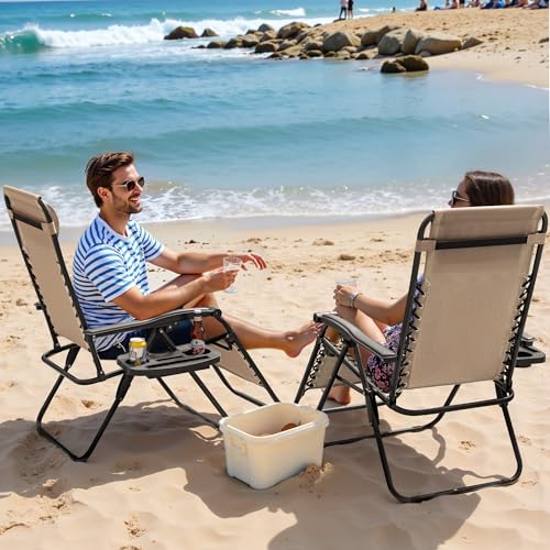 Greesum Zero Gravity Chairs Set of 2 Adjustable Steel Mesh Recliners Beach Deck Lawn Camping Patio Foldable Lounge Chair with Cup Holder Trays and Pillows,Brown