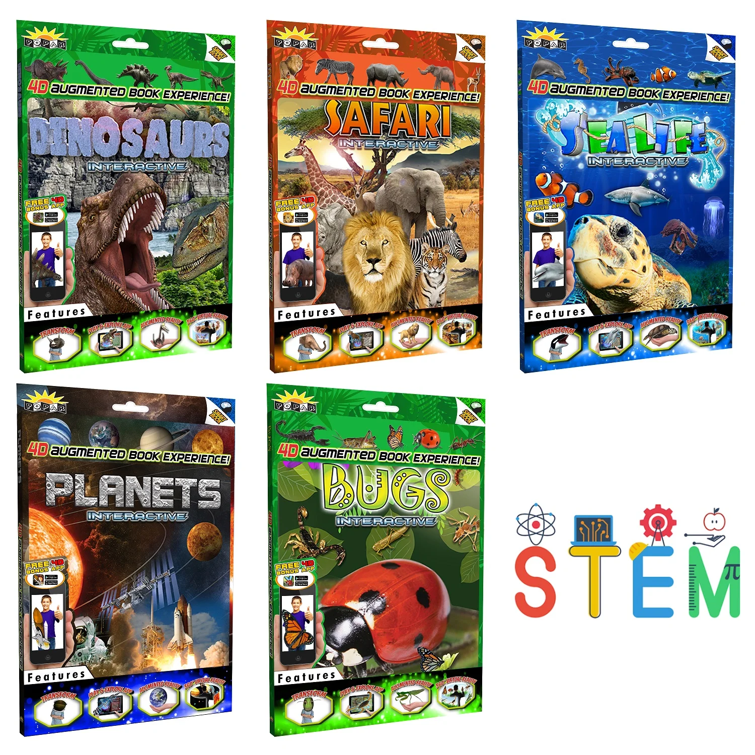 STEM Interactive Smart Books Collection With 4D Educational App - Dinosaurs, Planets, Sea Life, Bugs, Safari Animals