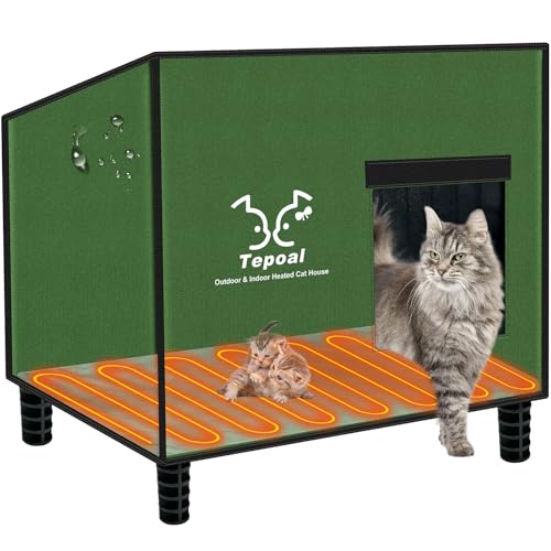 Large Indestructible Heated Cat House for Outside, Extremely Waterproof & Weatherproof Heated Outdoor Cat House for Winter, Fully Insulated Feral Cat Shelter for Outdoor Barn Cats Strays, 20x16x20 in