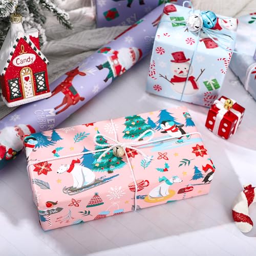 RUSPEPA Christmas Kraft Wrapping Paper - Owl, Reindeer, Christmas Ball and Text Design - 4 Rolls - 30 inches x 10 feet per Roll
