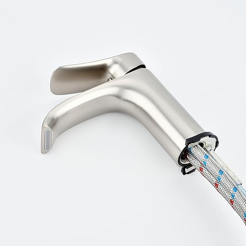 Tall Vessel Sink Faucet Bathroom Waterfall Faucet Brushed Gold Finished Single Handle Matte Black Vanity Bathroom Faucet Basin Mixer Tap with Water Supply Hose and Pop Up Sink Drain