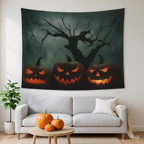 Halloween Pumpkin Tapestry – Creepy Haunted Tree Wall Hanging, Spooky Horror Backdrop for Party, Dorm, Bedroom, or Living Room Décor (60