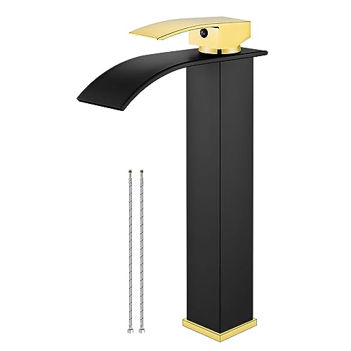 Airuida Brushed Gold Tall Waterfall Bathroom Vessel Sink Faucet Modern Bathroom Vanity Faucet Single Handle Single Hole Farmhouse Bar Mixer Tap Washbasin Faucet Deck Mount
