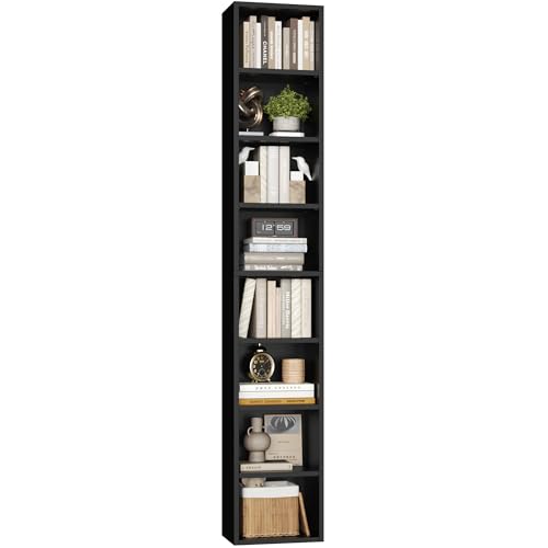 FOTOSOK 8-Tier Media Tower Rack, 11.6 X 9.3 X 71 Inches CD DVD Slim Storage Cabinet with Adjustable Shelves, Tall Narrow Bookcase Display Bookshelf for Home Office, Black/Brown
