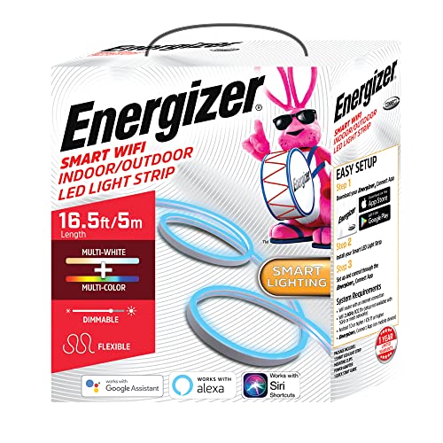 Energizer 16.5ft Smart Wi-Fi Indoor/Outdoor Multi-White and Multicolor LED Light Strip, Create Unique Lighting, Bendable to Make Words/Shapes, Works with Alexa/Siri/Google Assistant, Wi-Fi Compatible