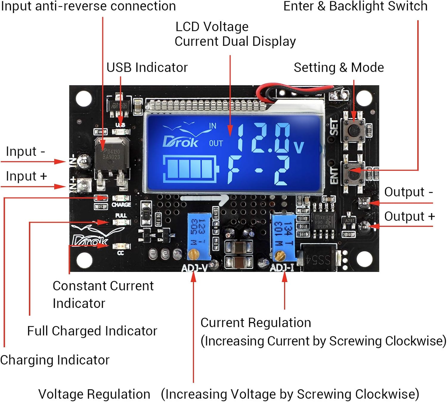 Buck Boost Voltage Regulator, DROK DC 6-30V to DC 0.5-30V 5V 12V 24V Adjustable Voltage Converter, 4A 60W Power Supply Step Up Down Transformer Board Module with USB Port Case LCD Display Volt Amp Pack of 2