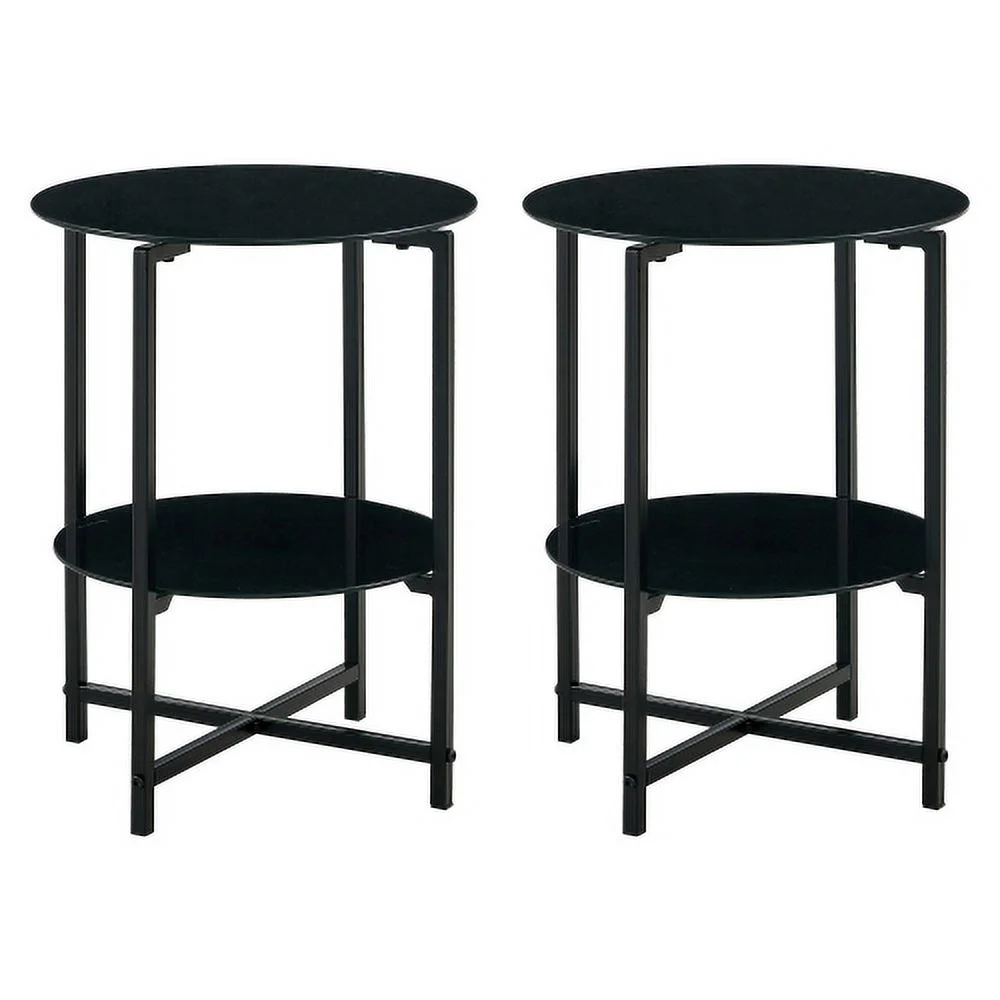 2 PCS Set Black Tempered Glass End Tables with Heavy-Duty Metal Frame Side Tables for Bedroom Living Room (Black)
