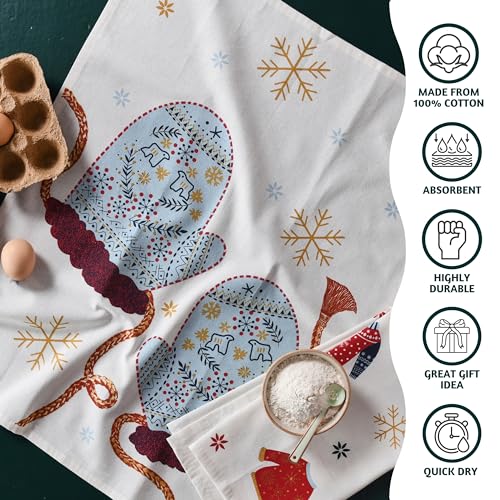 Folkulture Christmas Tea Towels Set of 3 | 20 x 26 Inches Cotton Dishcloths for Farmhouse Decor | Falala Xmas Design for Holiday Kitchen & Christmas Décor