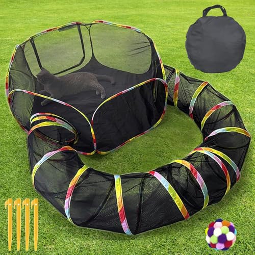 Outdoor Cat Enclosure, Portable Cat Tents for Outside with Storage Bag, Outside Cat Playpen Pet Enclosure with Toy Ball, Cat Tunnel Outdoor Playground for Cats & Small Animals