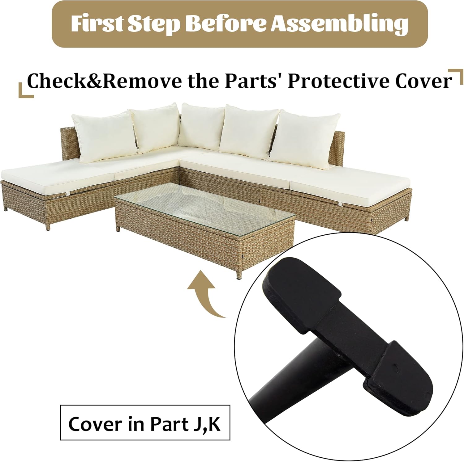 3-Piece Patio Furniture, Weather PE Rattan Wicker Sectional Sofa Set with Adjustable Chaise Lounge Frame and Tempered Glass Table, Washable Pillow&Cushion, Natural