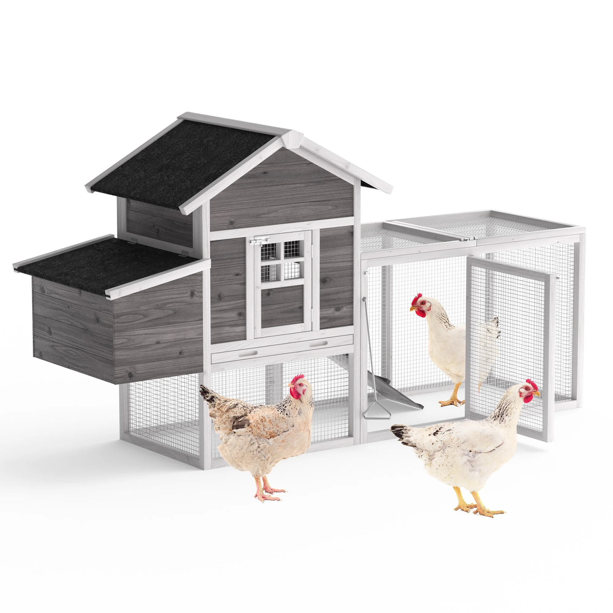 Wooden Chicken Coop, 80” Large Chicken Run 2 Tier Guinea Pig Pet House Outdoor with Pull Out Tray & Ramp Bunny Cage with Egg Box Rabbit Hutch with Lockable Door for Indoor Backyard