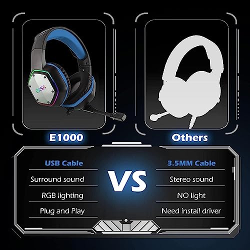 EKSA E1000 Gaming Headset, Computer Headphones with Noise Canceling Mic & RGB Light, 7.1 Surround Sound, Compatible with PC, PS4 PS5 Console, Laptop (Blue)