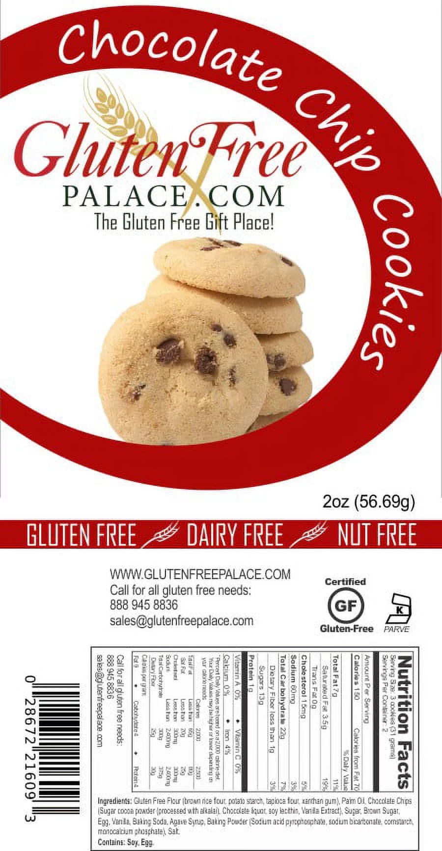 Gluten Free Palace Chocolate Chip Cookies, 2 Oz, Gluten Free Cookies, Dairy Free, Nut Free & Kosher (Pack of 12)
