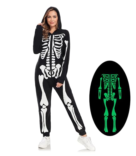 Halloween Skeleton Costume for Men Bone Skin Costume Glow in Dark Adult Skull Onesie