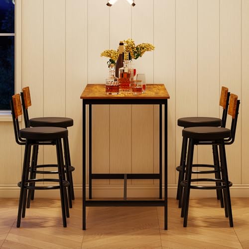 Tatub Bar Table with Stools Set of 2, Industrial 3 Piece Counter Height Small Dining Sofa Table and Chairs Set of 2, Brown