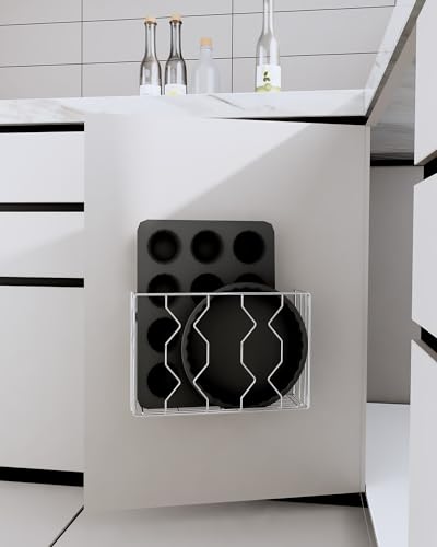 Wall Mount Kitchen Wrap Organizer Rack, Cabinet Storage Basket, Aluminum Foil Rack, Mounts to Solid Cabinet Doors or Walls, Tall Basket Door Mount Cabinet Organizer