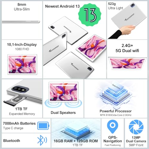 ANTEMPER Latest Android Tablet 10.1 Inch, 5G WiFi Tablets Mit 16GB RAM+128GB ROM(1TB TF),2 in 1 Tablet with Keyboard Mouse Pen-Octa-Core2.0Ghz | 7000mAh | 1080FHD | 13MP Camera | WLAN GPS -Silvery