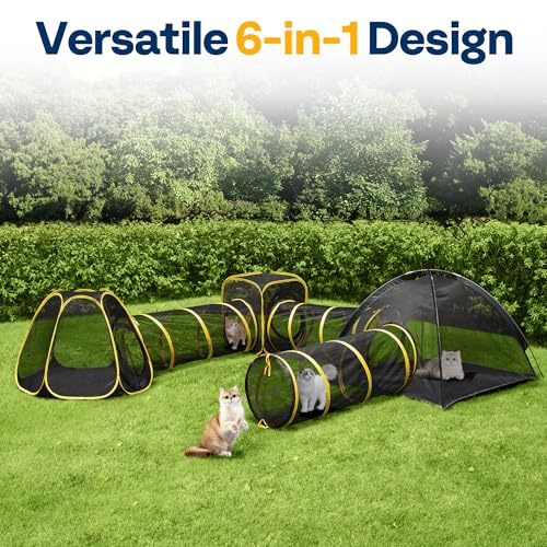 VIVOHOME 6-in-1 Outdoor Cat Enclosure with Playhouse, 2 Tents & 3 Tunnels - Portable Cat Playground with Leash and Mint Ball for Indoor/Outdoor Use, Yard Balcony Camping Safety
