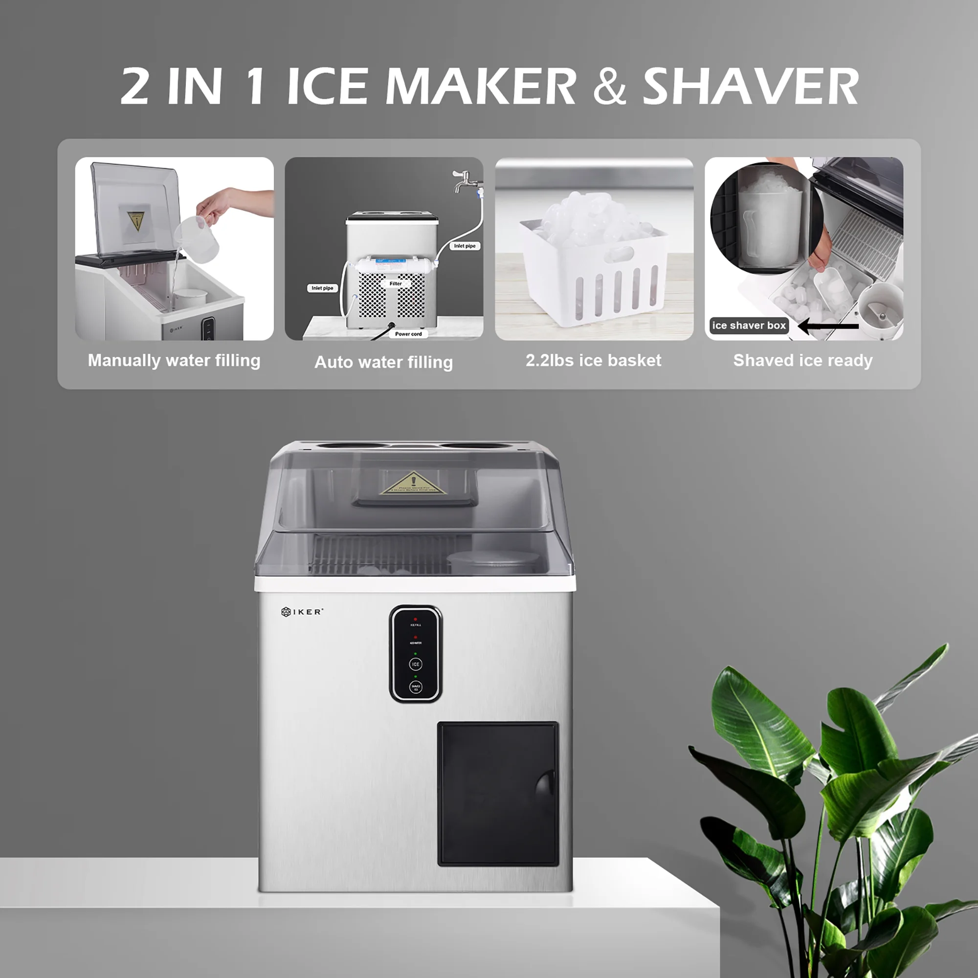 IKER Countertop Ice Maker and Ice Shaver Machine 33lb/24H, Portable 2-in-1 Ice Machine with LCD Display