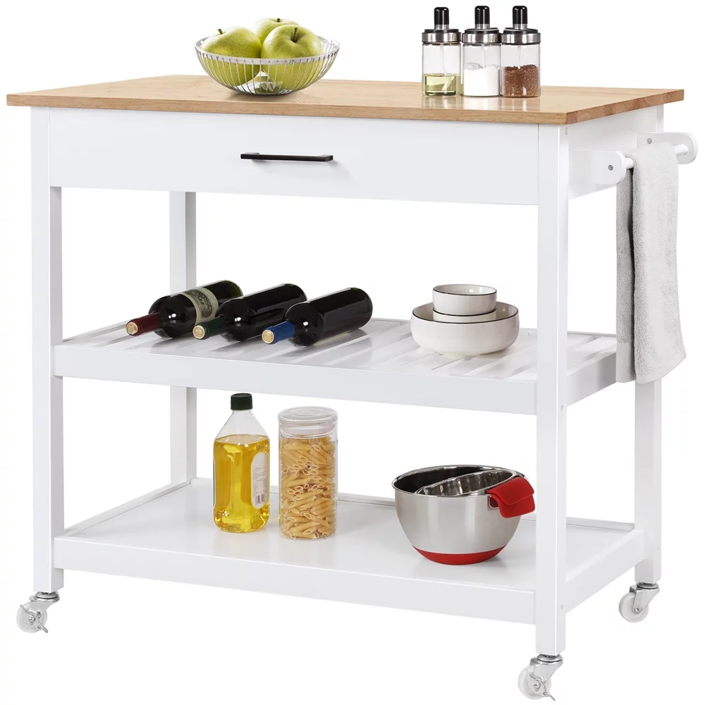Topeakmart Kitchen Island Cart with Wheels Storage Drawer Solid Wood Countertop, White