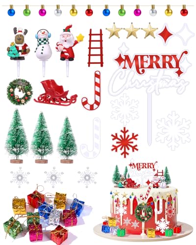 36 PCS Christmas Cake Decorations Kit, Merry Christmas Cake Toppers with Mini Santa Sleigh, Santa Claus, Reindeer, Snowman for Xmas Theme New Year Holiday Birthday Party Supplies