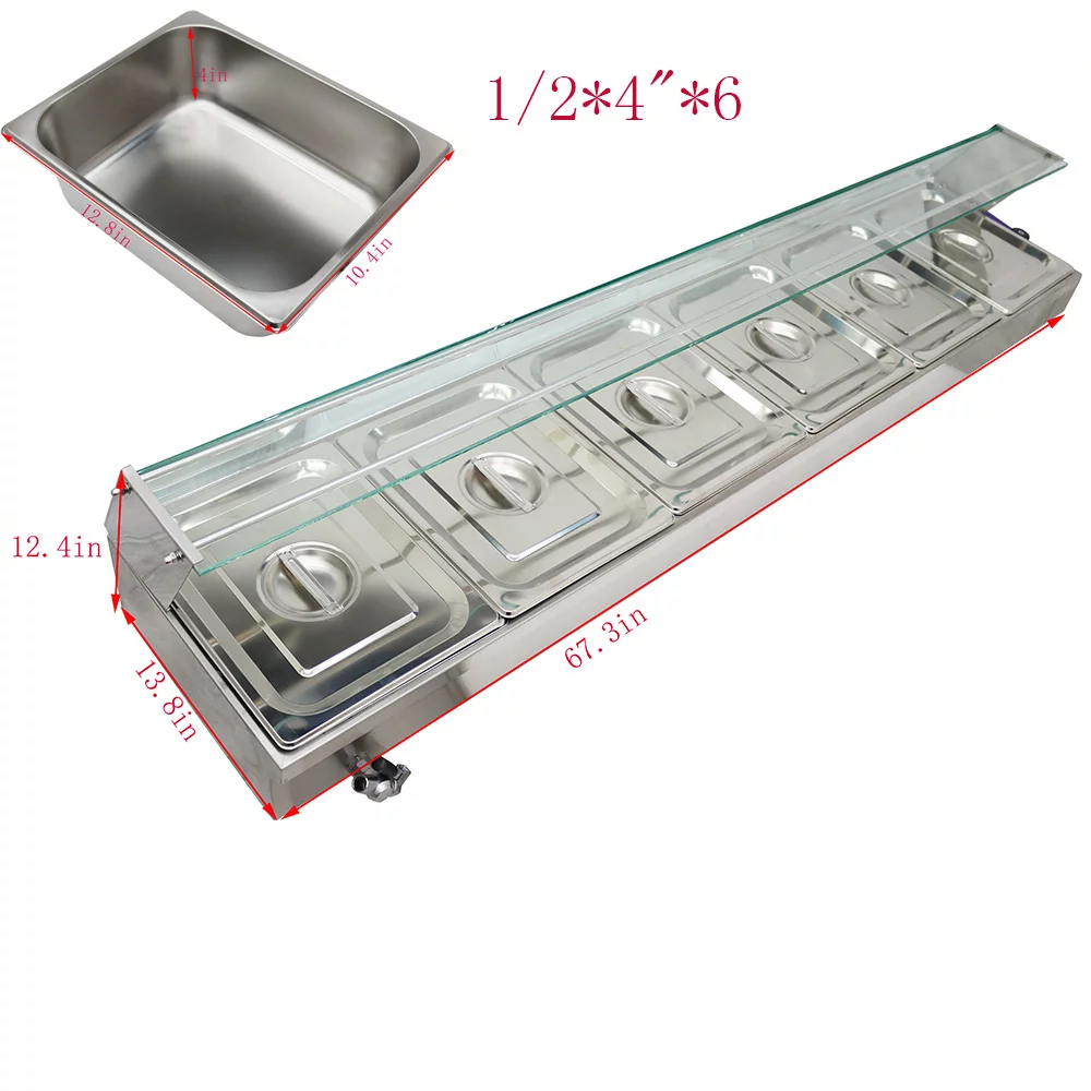 TECHTONGDA Electric Commercial Bain-marie Buffet Food Warmer Steam Table with Glass Guard 6-Pan