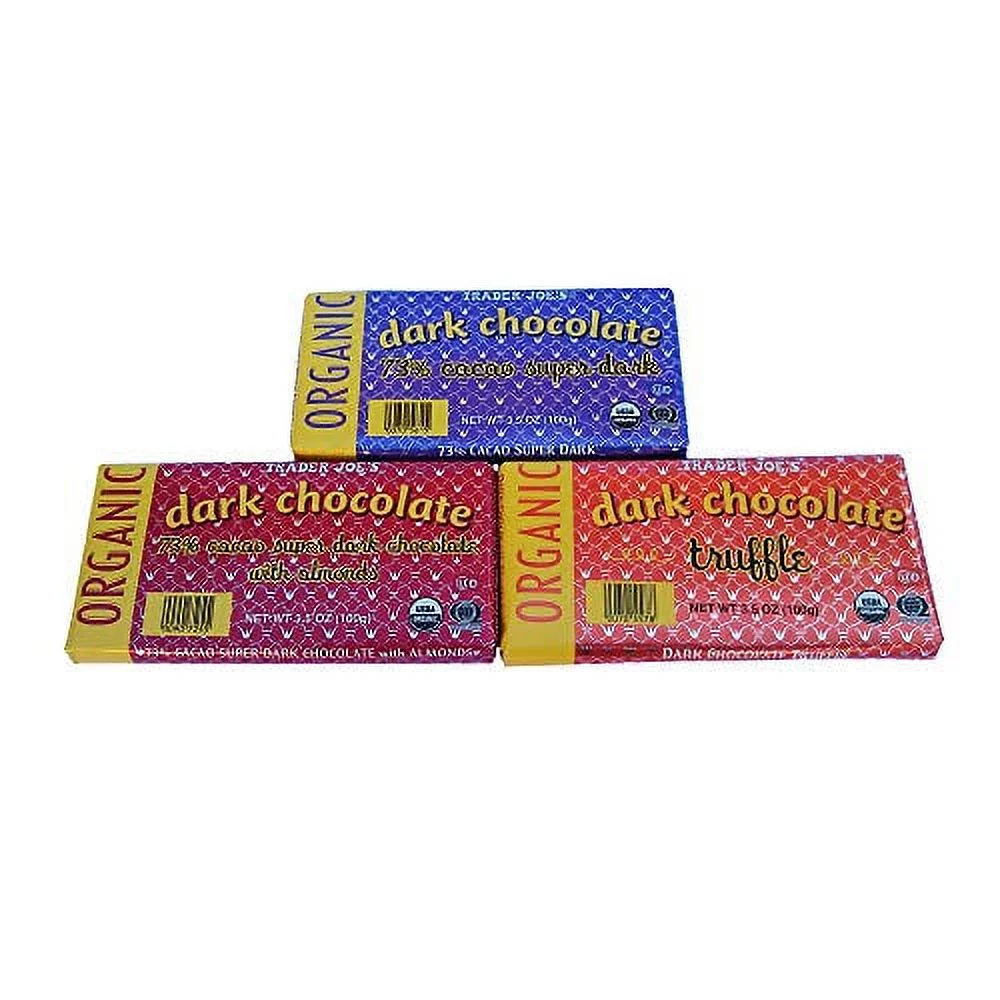 Trader Joe’S Organic Dark Chocolate Bundle 3 Bars – 73% Cacao Super Dark 3.5 Oz, 73% Cacao Super Dark Chocolate With Almonds 3.5 Oz, Dark Chocolate Truffle 3.5 Oz (1 Of Each Bar)