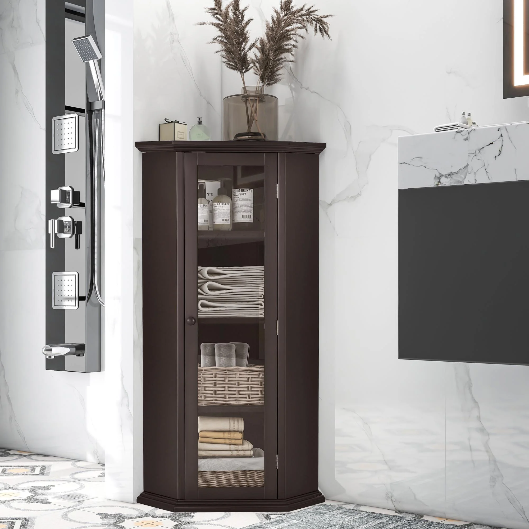 Freestanding Bathroom Cabinet with Glass Door, Corner Storage Cabinet for Bathroom, Living Room and Kitchen, MDF Board with Painted Finish