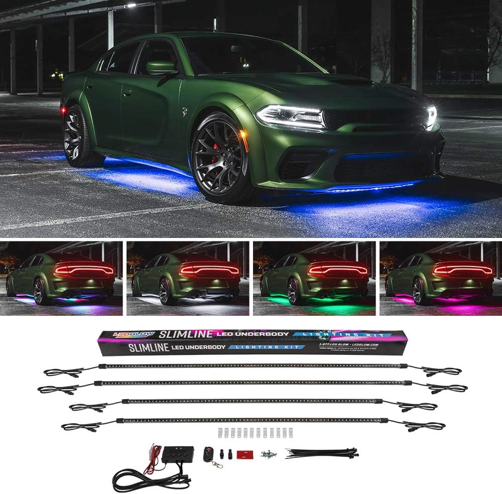 LEDGlow 4pc Multi-Color Slimline LED Underbody Underglow Accent Neon Lighting Kit for Cars - 10 Solid Colors - 13 Unique Patterns - Music Mode - Water Resistant Tubes - Includes Control Box & Remote
