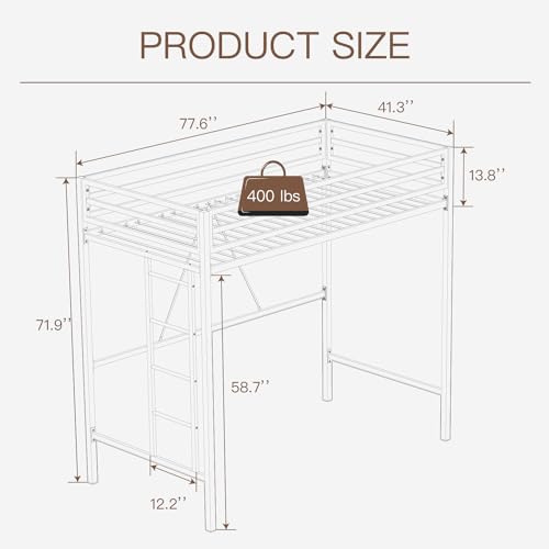 ikalido Metal Loft Bed Twin Size with Safety Guardrail and Ladder, No Box Spring Needed Space Saving Bedroom Furniture,Cream White