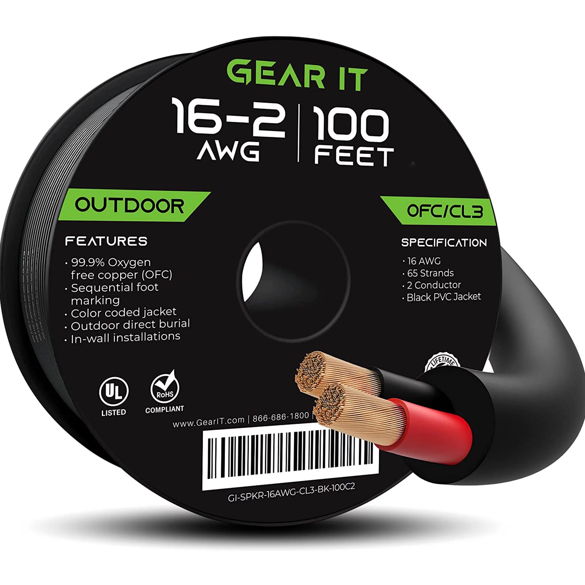 GearIT 16/2 Outdoor Speaker Cables for Direct Burial Tinned OFC 2-Conductor Marine Grade Speaker Cable Wire 100-ft, Black