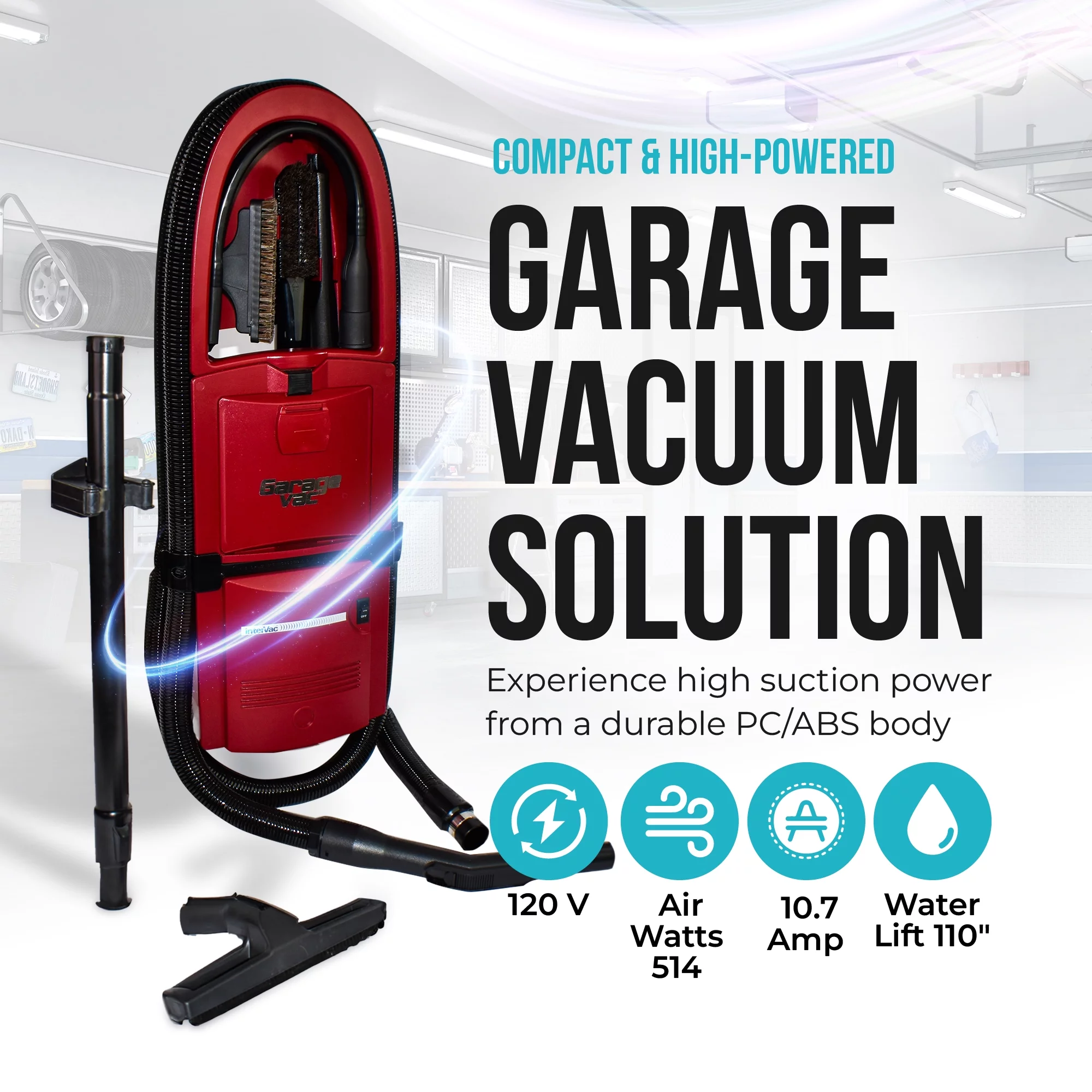 InterVac Garage Vacuum Cleaner for Workshop, 1 Gallon Garage Vacuum Wall Mounted, Stretch Hose Shop Vacuum for RVs, Boats, Cabins and Utility Rooms