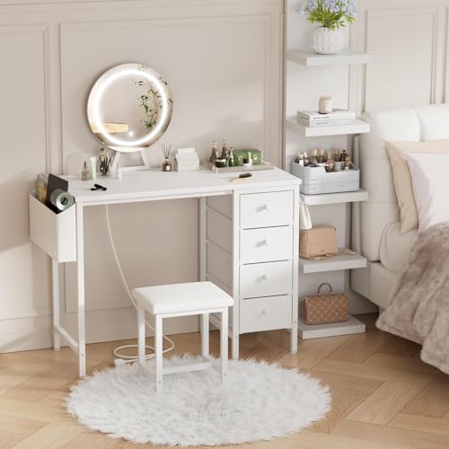Gold Vanity Desk with Mirror and Light- Makeup Vanity Set Table with Chair, Storage, Lighted Mirror, 4 Large Fabric Drawers & Power Outlet, Dressing Table Vanities for Girls Bedroom