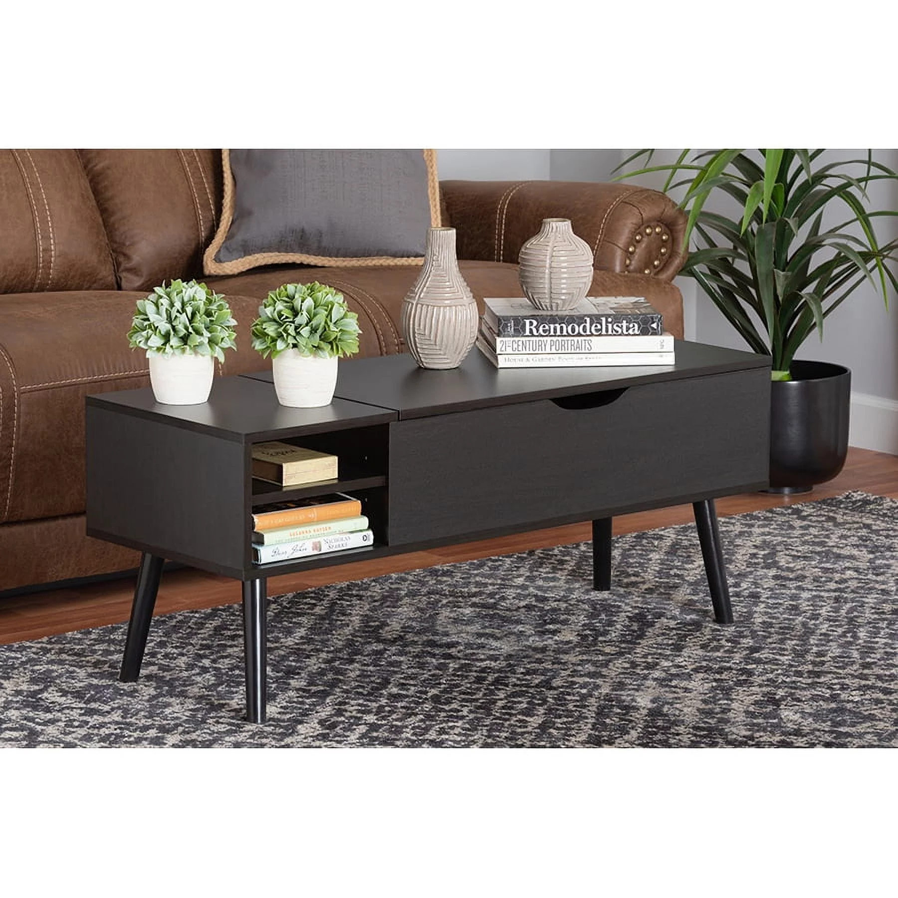 Baxton Studio Roden Modern Two-Tone Black and Espresso Brown Finished Wood Coffee Table with Lift-Top Storage