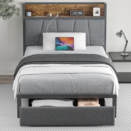 Twin Size Bed Frame with Headboard and Storage Platform Bed Frame with Drawers Storage Chargin Station LED Light Bedframe Heavy Duty No Box Spring Needed