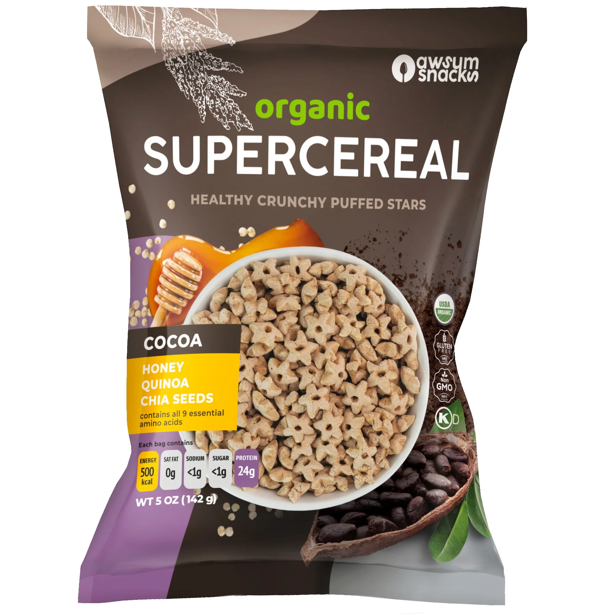 Awsum Snacks SUPERCEREALwith Cocoa Quinoa & Chia seeds & Coconut sugar 5oz (Pack of 6) - Certified USDA Organic, Vegan, Gluten Free, Non GMO, Kosher & Grain, Dairy Free Cereals.