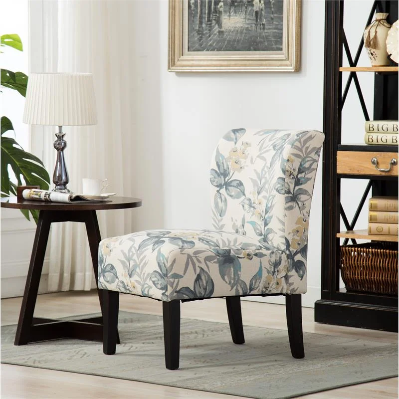 Roundhill Furniture Capa Print Fabric Armless Contemporary Accent Chair in Blue Leaves